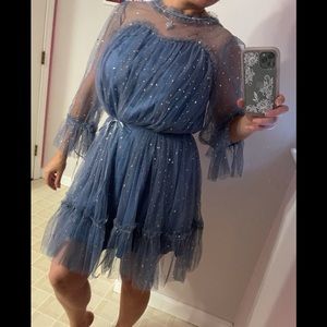 Blue chiffon lace sweetheart dress gold star print